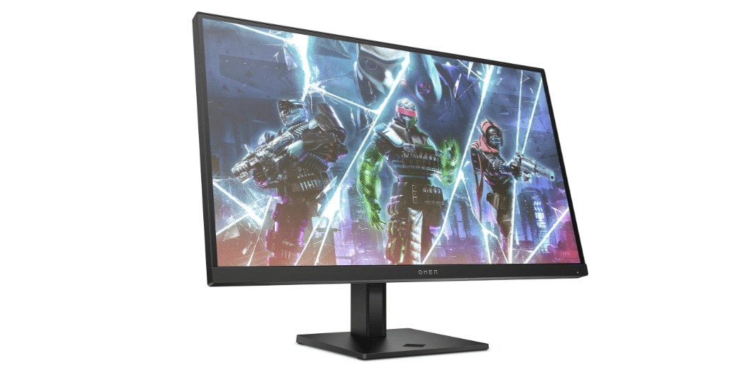 An HP gaming monitor with an artist rendering representing video games is displayed on the monitor